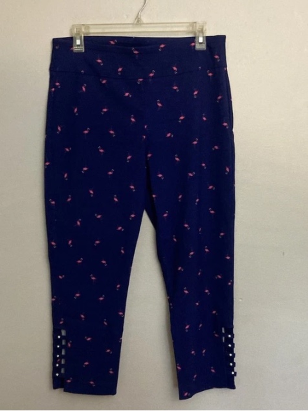 7-4 Attyre Blue Flamingo Cropped Pants 10 Pull On Rhinestone Detail